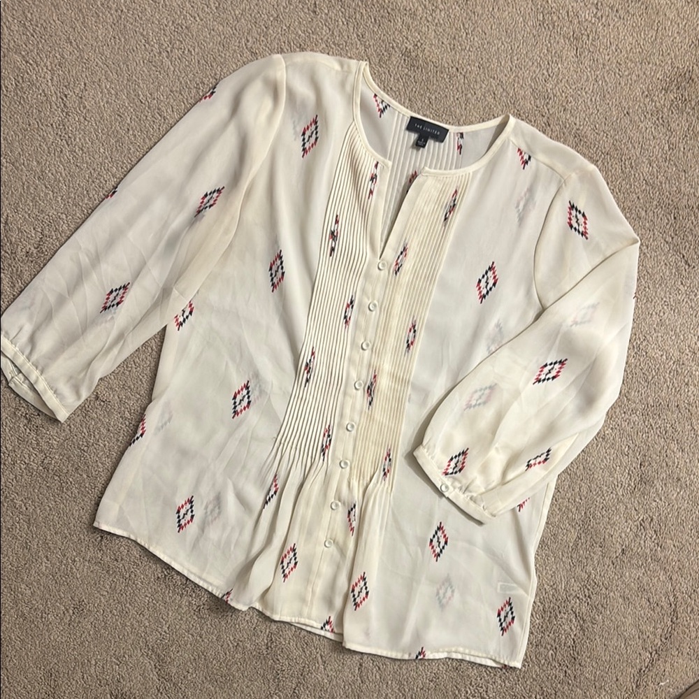 The Limited White and Green Buttoned Pleated Blouse
